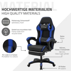 Gaming Stuhl mit Fußstütze und Armlehne Schwarz-Blau, aus Kunstleder ML-Design