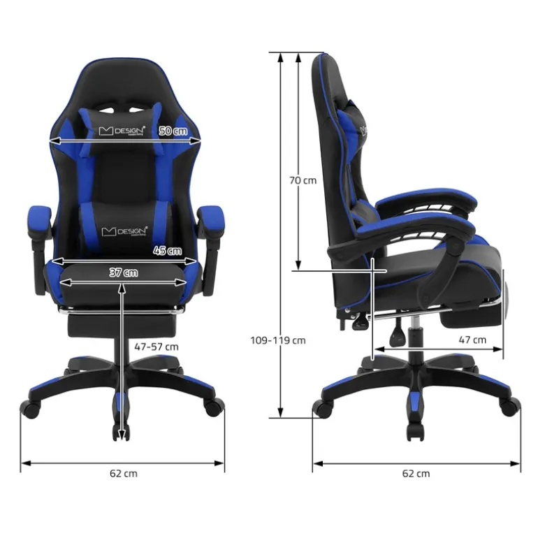 Gaming Stuhl mit Fußstütze und Armlehne Schwarz-Blau, aus Kunstleder ML-Design
