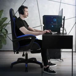 Gaming Stuhl mit Fußstütze und Armlehne Schwarz-Blau, aus Kunstleder ML-Design