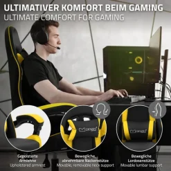 Gaming Stuhl mit Fußstütze und Armlehne Schwarz-Gelb, aus Kunstleder ML-Design