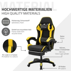 Gaming Stuhl mit Fußstütze und Armlehne Schwarz-Gelb, aus Kunstleder ML-Design