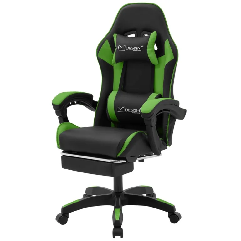 Gaming Stuhl mit Fußstütze und Armlehne Schwarz-Grün, aus Kunstleder ML-Design