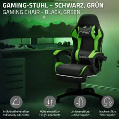 Gaming Stuhl mit Fußstütze und Armlehne Schwarz-Grün, aus Kunstleder ML-Design