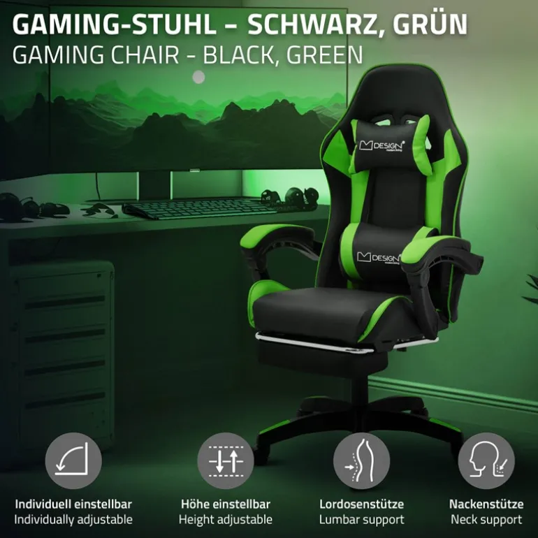 Gaming Stuhl mit Fußstütze und Armlehne Schwarz-Grün, aus Kunstleder ML-Design