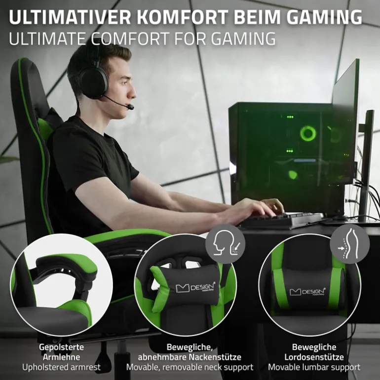 Gaming Stuhl mit Fußstütze und Armlehne Schwarz-Grün, aus Kunstleder ML-Design