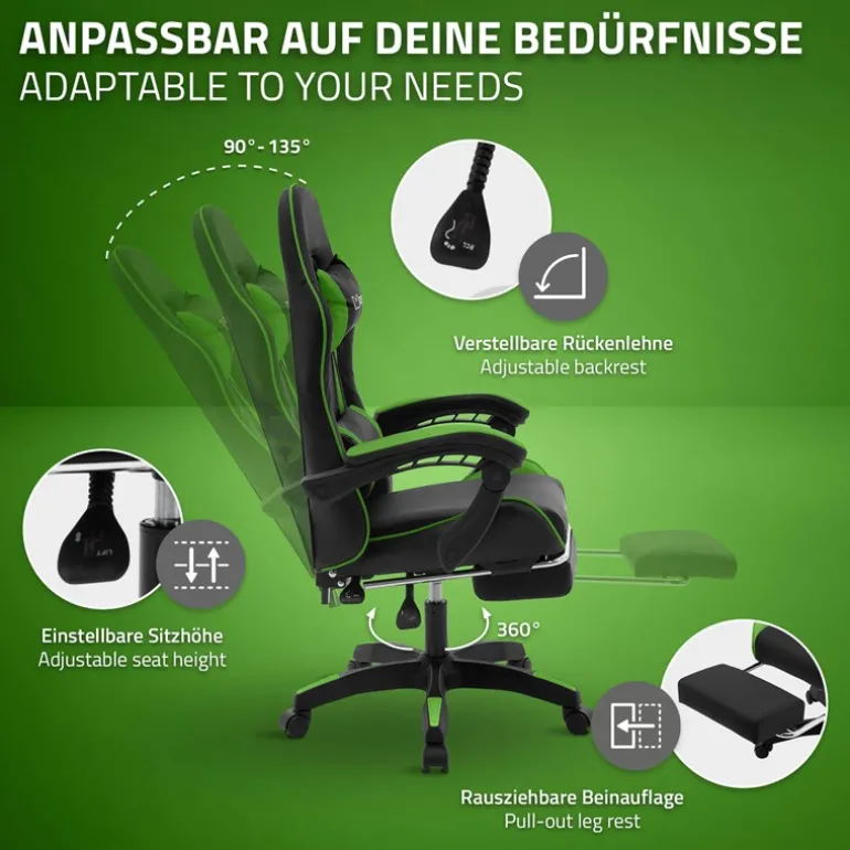 Gaming Stuhl mit Fußstütze und Armlehne Schwarz-Grün, aus Kunstleder ML-Design