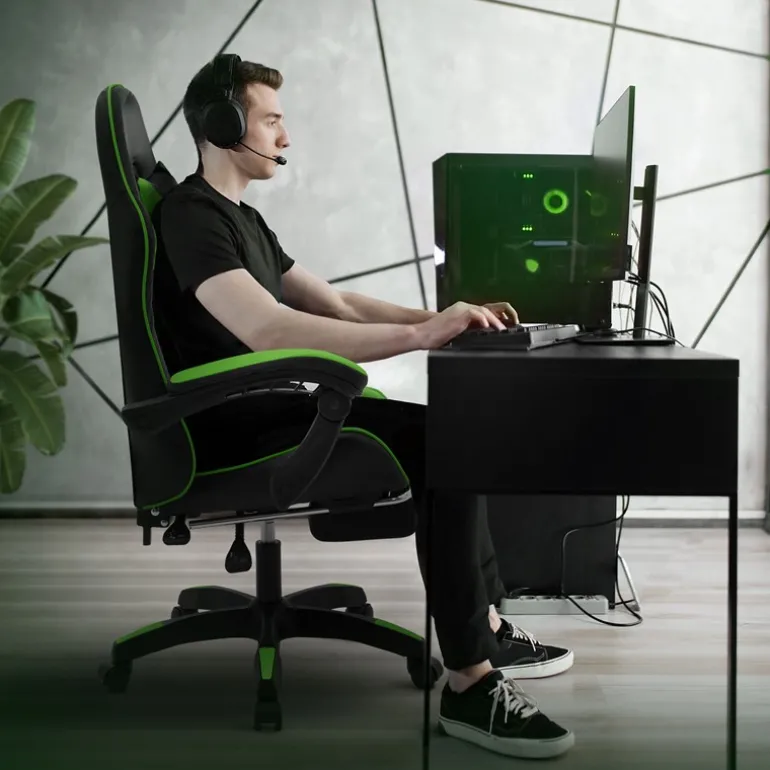 Gaming Stuhl mit Fußstütze und Armlehne Schwarz-Grün, aus Kunstleder ML-Design