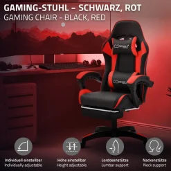 Gaming Stuhl mit Fußstütze und Armlehne Schwarz-Rot, aus Kunstleder ML-Design