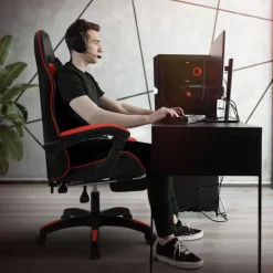 Gaming Stuhl mit Fußstütze und Armlehne Schwarz-Rot, aus Kunstleder ML-Design
