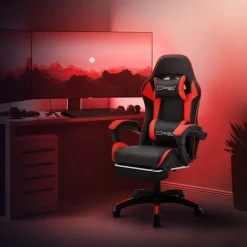 Gaming Stuhl mit Fußstütze und Armlehne Schwarz-Rot, aus Kunstleder ML-Design