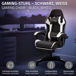 Gaming Stuhl mit Fußstütze und Armlehne Schwarz-Weiß, aus Kunstleder ML-Design