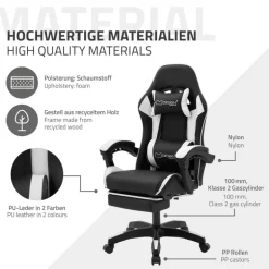 Gaming Stuhl mit Fußstütze und Armlehne Schwarz-Weiß, aus Kunstleder ML-Design