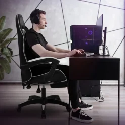 Gaming Stuhl mit Fußstütze und Armlehne Schwarz-Weiß, aus Kunstleder ML-Design