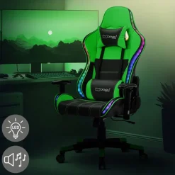 Gamingstuhl mit RGB Beleuchtung & Bluetoothboxen Schwarz/Grün aus Kunstleder ML-Design