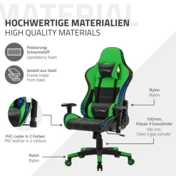Gamingstuhl mit RGB Beleuchtung & Bluetoothboxen Schwarz/Grün aus Kunstleder ML-Design