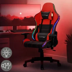 Gamingstuhl mit RGB Beleuchtung & Bluetoothboxen Schwarz/Rot aus Kunstleder ML-Design