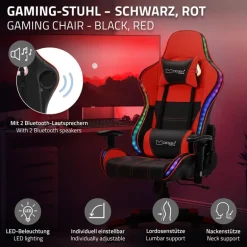 Gamingstuhl mit RGB Beleuchtung & Bluetoothboxen Schwarz/Rot aus Kunstleder ML-Design