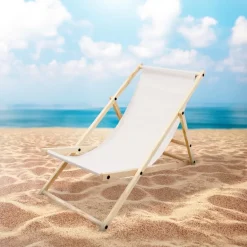 Gartenliege Holz 2er Set Beachstuhl klappbarer Strandstuhl Strandliege Campingliege Sonnenliege Beige Klappliegestuhl Relaxliege