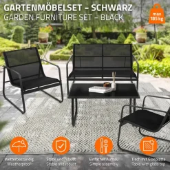 Gartenmöbel Set Loungegarnitur 4-Teilig Schwarz aus Stahl und Textil ML-Design