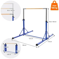 Gymnastik Turnreck faltbar, Blau, Gymnastikstange für Kinder, Reckstange höhenverstellbar 95,5-150 cm Hauki