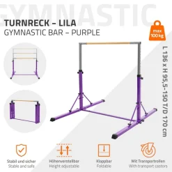 Gymnastik Turnreck faltbar, Lila, Gymnastikstange für Kinder, Reckstange höhenverstellbar 95,5-150 cm Hauki