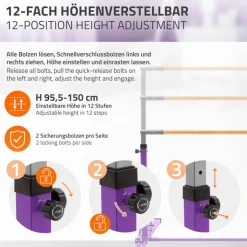 Gymnastik Turnreck faltbar, Lila, Gymnastikstange für Kinder, Reckstange höhenverstellbar 95,5-150 cm Hauki
