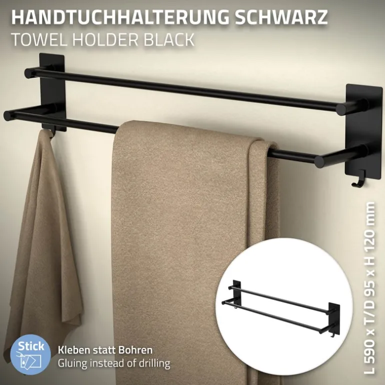 Handtuchhalter ohne Bohren 60 cm Schwarz aus Stahl mit 2 Klebepads ML-Design