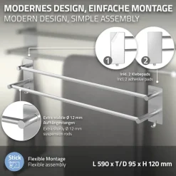 Handtuchhalter ohne Bohren 60 cm Silber aus Edelstahl mit 2 Klebepads ML-Design