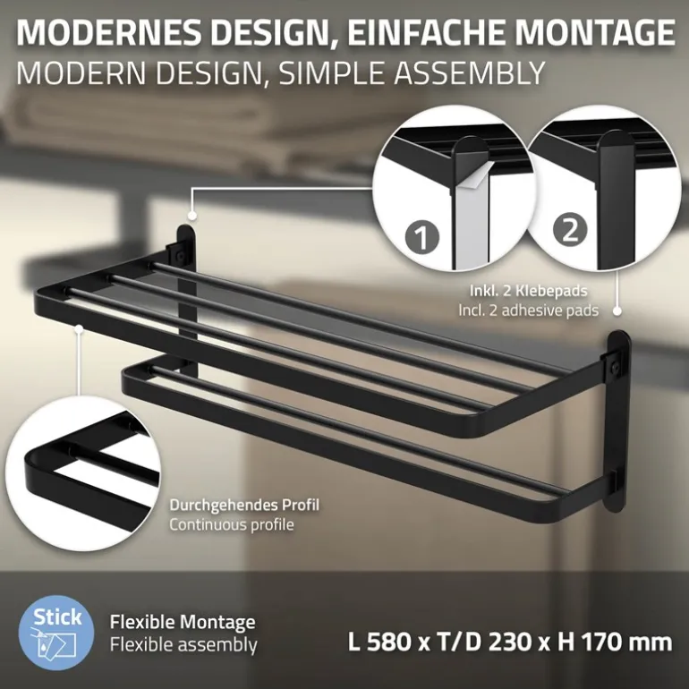 Handtuchhalter ohne Bohren klappbar mit Klebepads 58 cm Schwarz aus Aluminium ML-Design