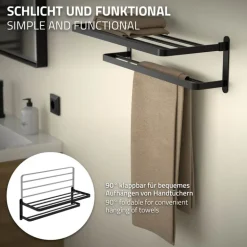 Handtuchhalter ohne Bohren klappbar mit Klebepads 58 cm Schwarz aus Aluminium ML-Design