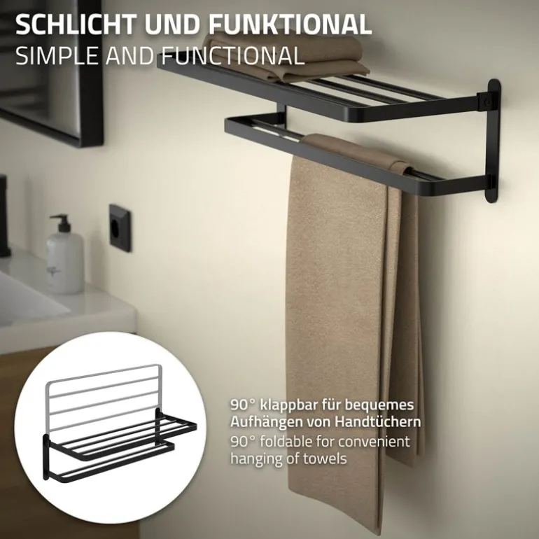 Handtuchhalter ohne Bohren klappbar mit Klebepads 58 cm Schwarz aus Aluminium ML-Design