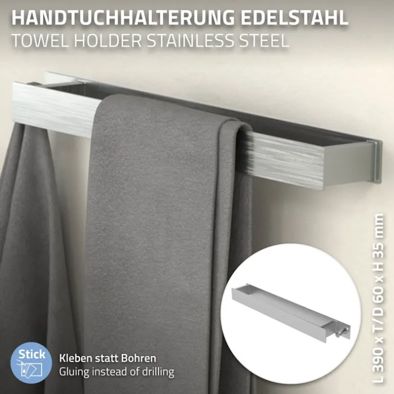 Handtuchhalter zum Kleben ohne Bohren mit Haken 42 cm Silber aus Edelstahl ML-Design