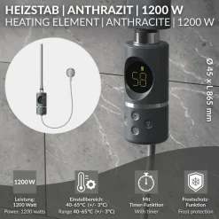 Heizstab 1200W Anthrazit mit Thermostat und LCD Bildschirm LuxeBath