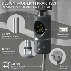 Heizstab 1200W Anthrazit mit Thermostat und LCD Bildschirm LuxeBath