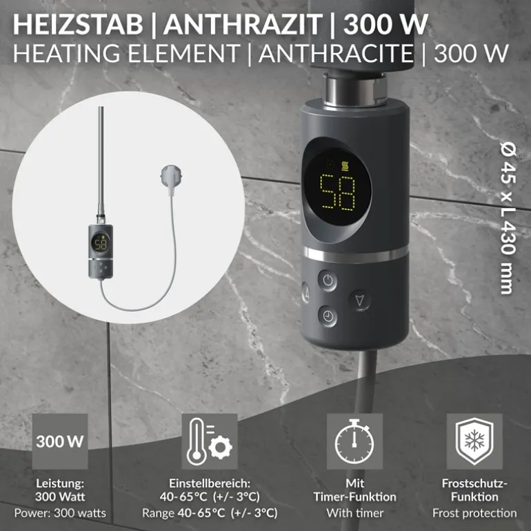 Heizstab 300W Anthrazit mit Thermostat und LCD Bildschirm LuxeBath