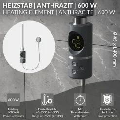 Heizstab 600W Anthrazit mit Thermostat und LCD Bildschirm LuxeBath