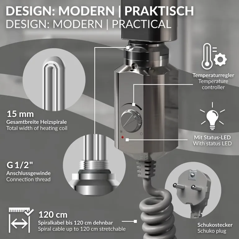 Heizstab 1200W Chrome mit Thermostat für Badheizkörper LuxeBath