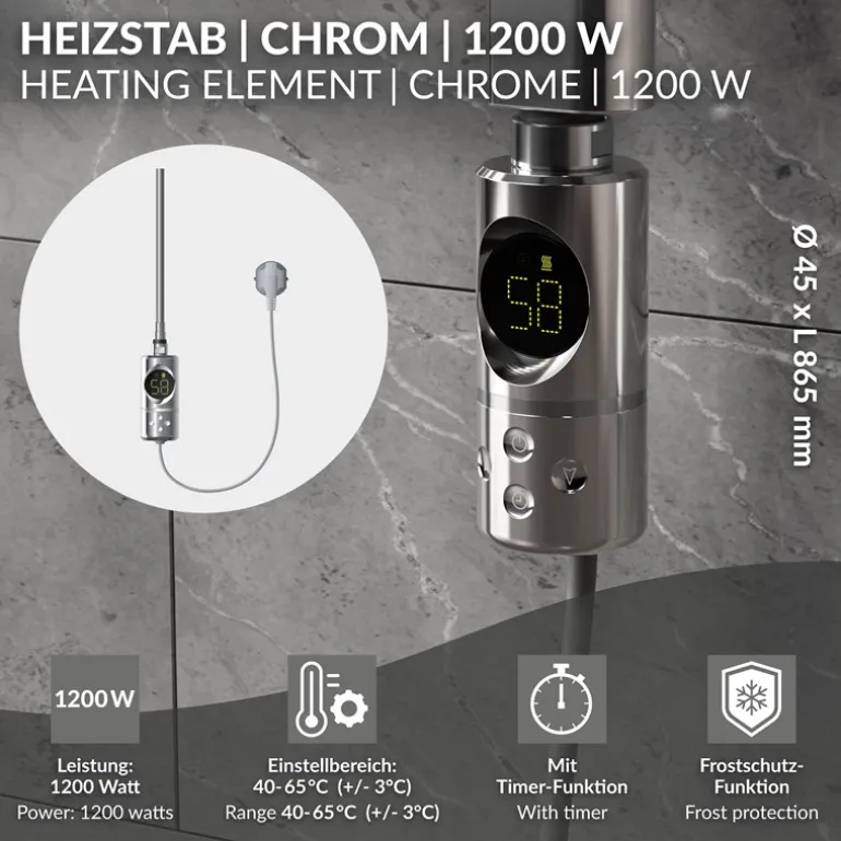 Heizstab 1200W Chrome mit Thermostat und LCD Bildschirm LuxeBath