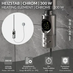 Heizstab 300W Chrome mit Thermostat und LCD Bildschirm LuxeBath