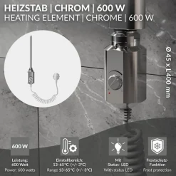 Heizstab 600W Chrome mit Thermostat für Badheizkörper LuxeBath