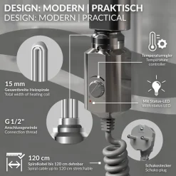 Heizstab 600W Chrome mit Thermostat für Badheizkörper LuxeBath