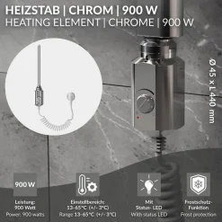 Heizstab 900W Chrome mit Thermostat für Badheizkörper LuxeBath