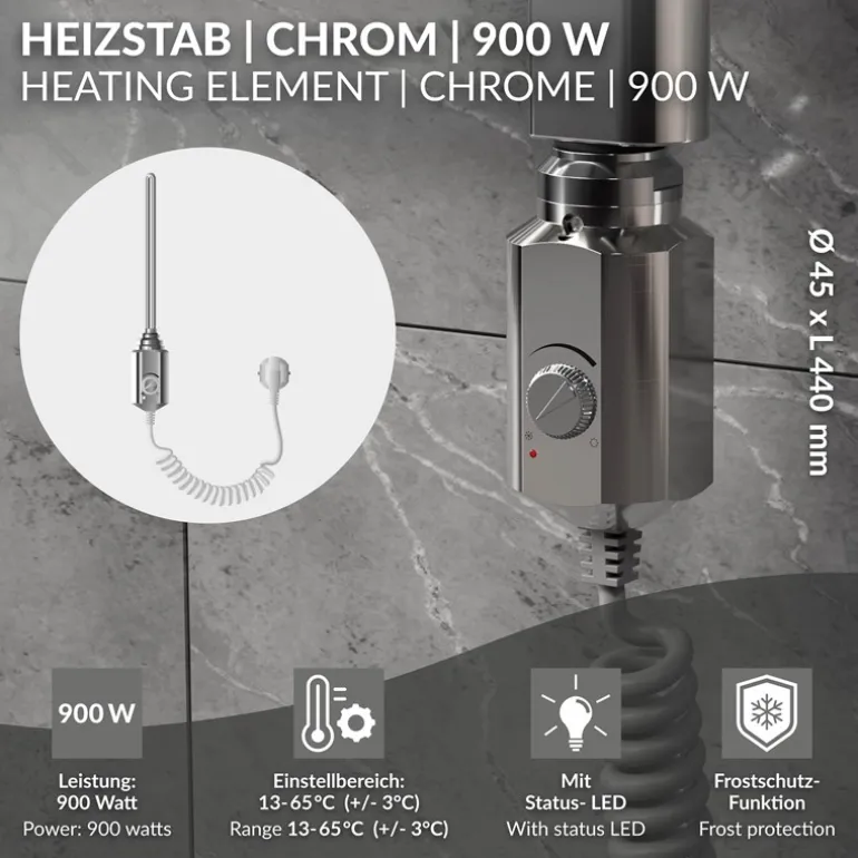 Heizstab 900W Chrome mit Thermostat für Badheizkörper LuxeBath