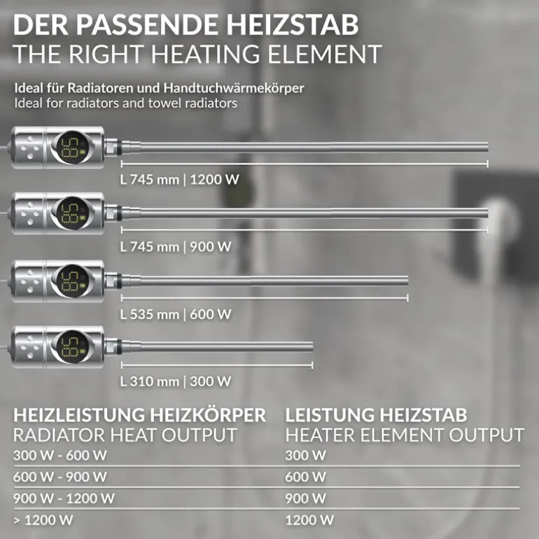 Heizstab 900W Chrome mit Thermostat und LCD Bildschirm LuxeBath