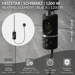 Heizstab 1200W Schwarz mit Thermostat und LCD Bildschirm LuxeBath