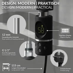 Heizstab 1200W Schwarz mit Thermostat und LCD Bildschirm LuxeBath