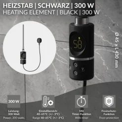 Heizstab 300W Schwarz mit Thermostat und LCD Bildschirm LuxeBath