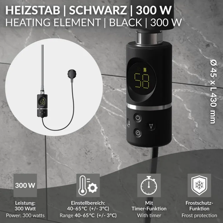 Heizstab 300W Schwarz mit Thermostat und LCD Bildschirm LuxeBath