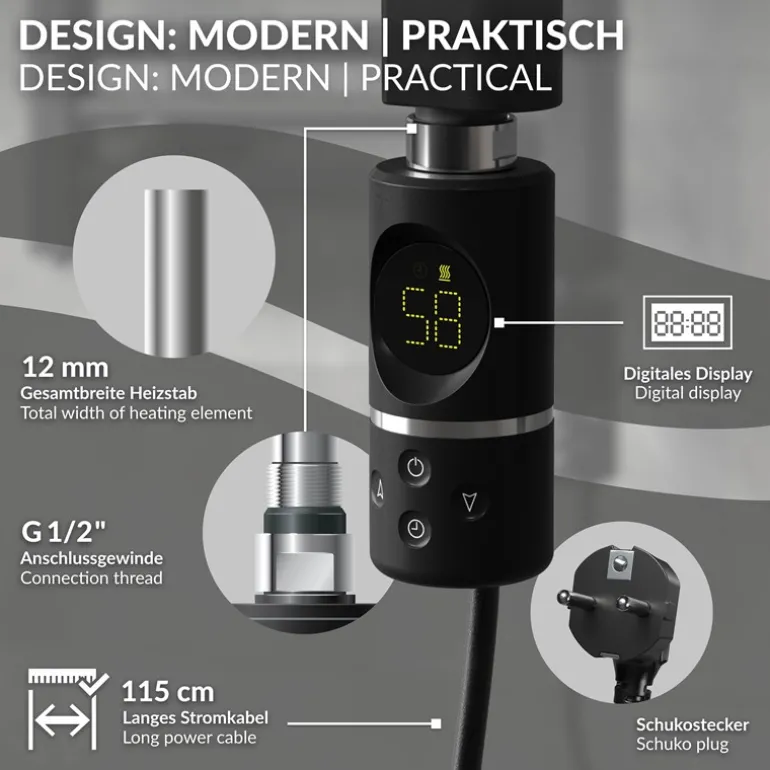 Heizstab 300W Schwarz mit Thermostat und LCD Bildschirm LuxeBath