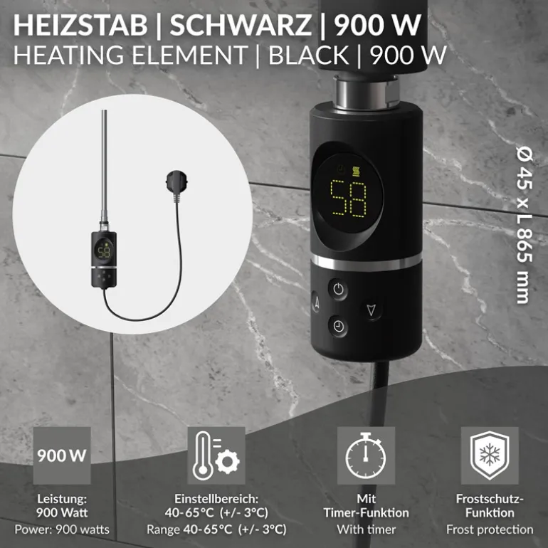 Heizstab 900W Schwarz mit Thermostat und LCD Bildschirm LuxeBath